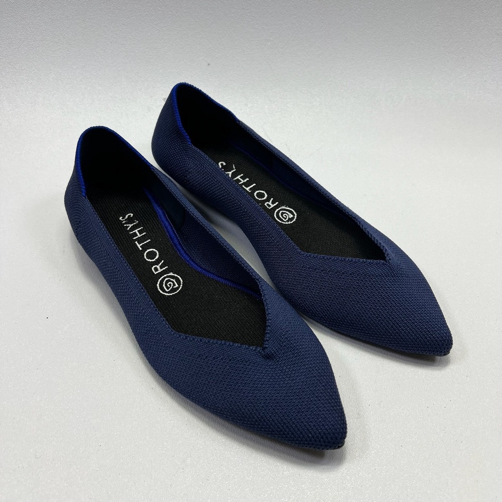 Rothys The Point Flats Womens 8 Navy Blue Pointed Toe Knit Shoes Sustainable